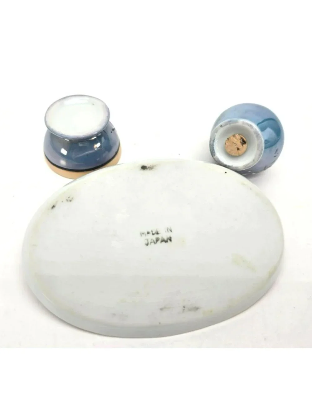 Vintage Lusterware Egg Coddler & Salt Shaker Set With Tray Blue Peach je160